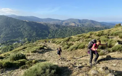 Des randonneurs progressent sur un sentier rocailleux, profitant d'une vue panoramique sur les montagnes verdoyantes lors d'une randonnée au Mont Aigoual.