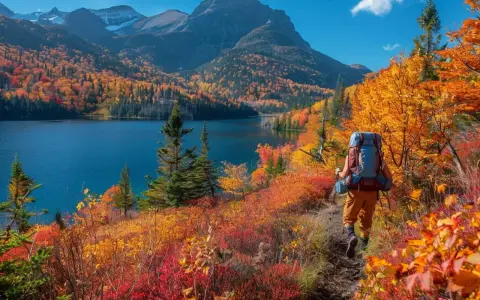 Un randonneur explore un sentier bordé d'arbustes aux couleurs flamboyantes, idéal pour randonner en octobre en France, avec un lac bleu et des montagnes en arrière-plan.