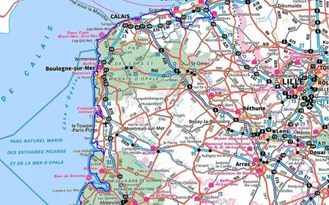 Carte routière de la région des Hauts-de-France, montrant les villes, les routes et les points d'intérêt, avec un focus sur les 120 étapes de la région.