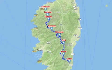 Carte de la Corse montrant le parcours du GR20, avec des points de repère comme Calinzana, Corte, Vizzavona, et Conca. Le dénivelé est implicite dans le relief montagneux.