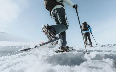 Deux personnes font une randonnée hivernale en raquettes sur un paysage enneigé sous un ciel bleu clair.