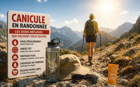 Panneau "Canicule en randonnée" avec conseils. Une randonneuse marche sous le soleil. Évitez l'insolation nauséeuse, buvez, partez tôt, protégez-vous.