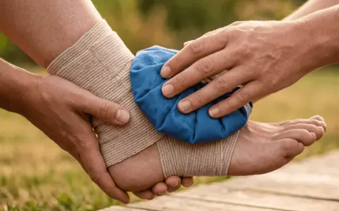 Application d'une poche de glace sur une cheville bandée, suite à une entorse grave.