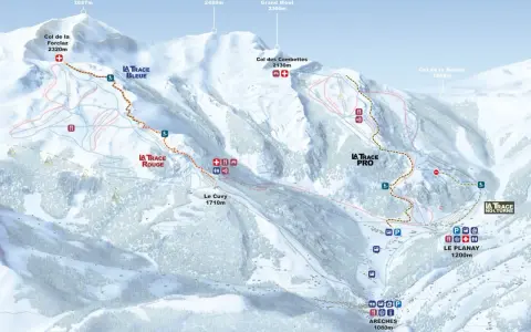 Carte des pistes de ski du massif du Beaufortain, avec les noms des sommets et des tracés de différentes couleurs.