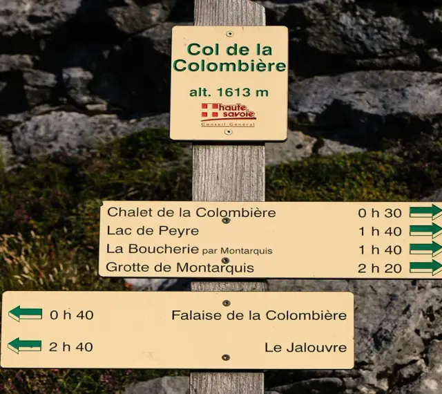 Panneau indicateur au Col de la Colombière (alt. 1613m), indiquant des sentiers et leurs temps de parcours. Un dénivelé est la différence d'altitude entre deux points.