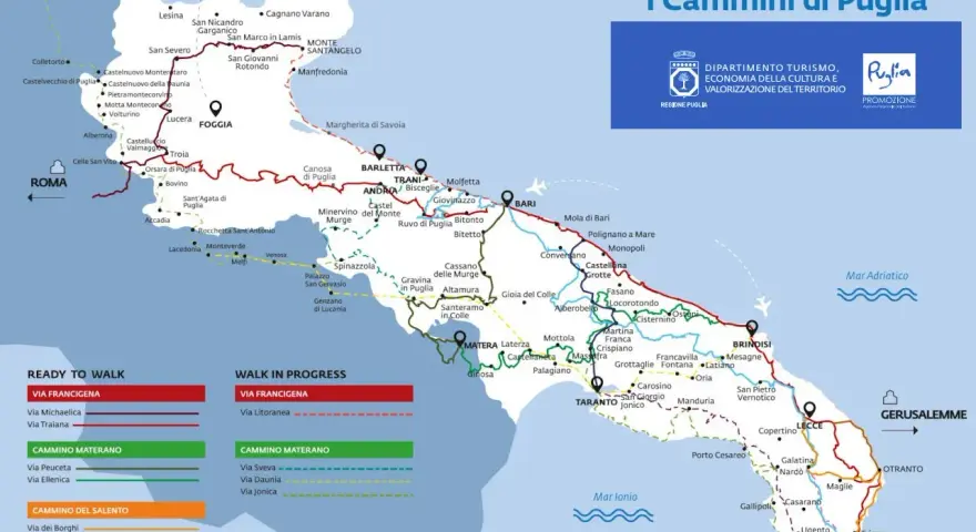 Carte des étapes de la Via Francigena et autres chemins de randonnée en Pouilles.