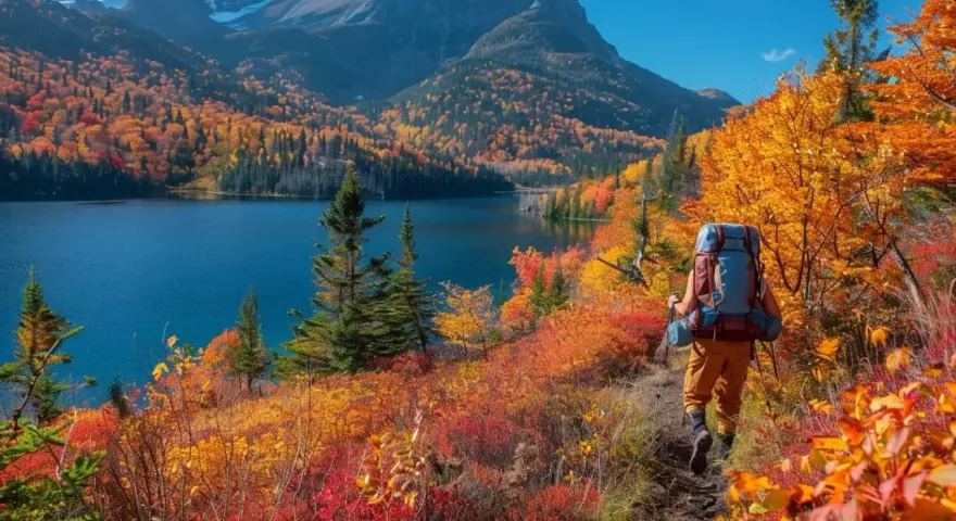 Un randonneur explore un sentier bordé d'arbustes aux couleurs flamboyantes, idéal pour randonner en octobre en France, avec un lac bleu et des montagnes en arrière-plan.