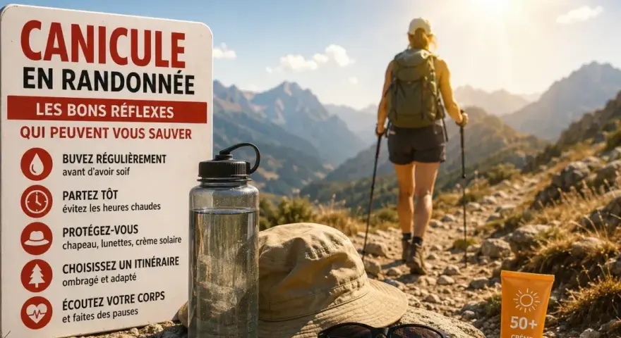Panneau "Canicule en randonnée" avec conseils. Bouteille d'eau, chapeau, lunettes et crème solaire sur le sentier. Randonneuse s'éloigne sous le soleil.