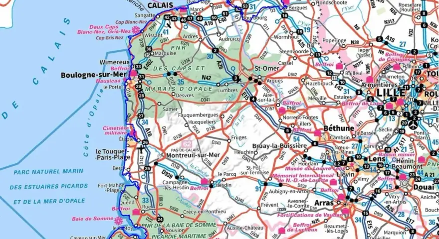 Carte routière de la région des Hauts-de-France, montrant les villes, les routes et les points d'intérêt, avec un focus sur les 120 étapes de la région.