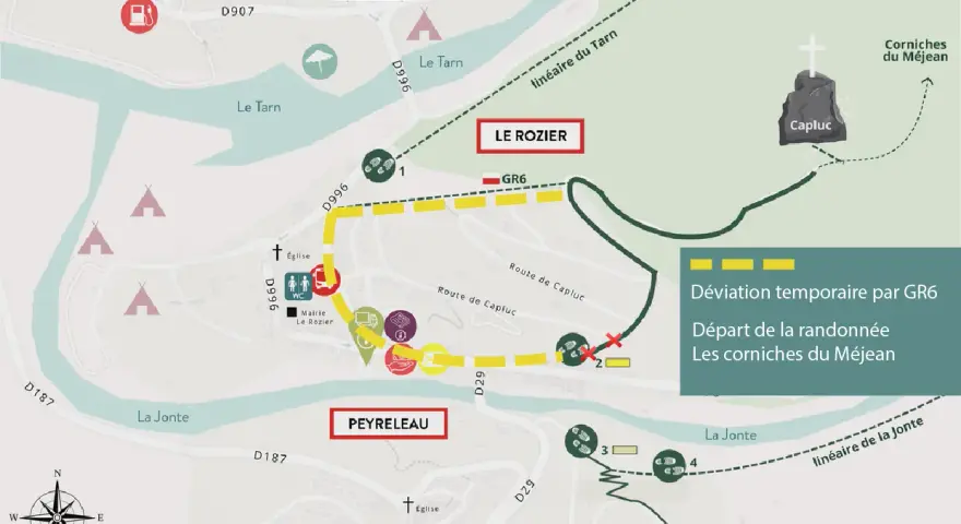 Carte d'une randonnée sur le Causse Méjean, avec le GR6, Le Rozier, Peyreleau et les Corniches du Méjean.