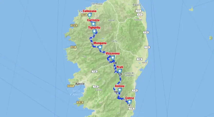 Carte de la Corse montrant le parcours du GR20, avec des points de repère comme Calinzana, Corte, Vizzavona, et Conca. Le dénivelé est implicite dans le relief montagneux.