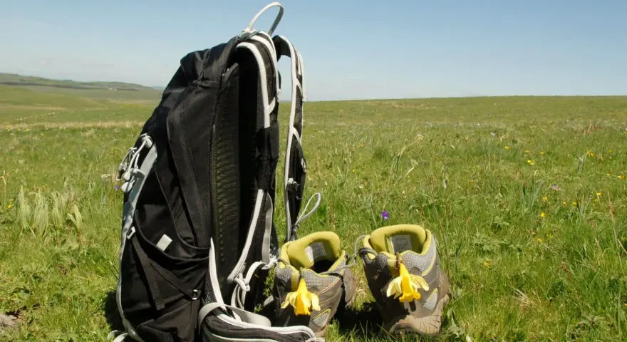 Sac à dos et chaussures de randonnée ornées de jonquilles, prêts pour une randonnée sur l'Aubrac.
