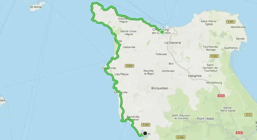 Carte du sentier des douaniers du Cotentin, longeant la côte de Goury à Barneville-Carteret, passant par Cherbourg.