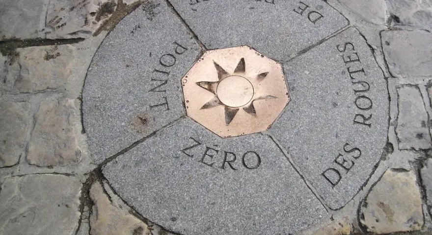 Point Zéro, point de départ de toutes les routes de France, gravé sur la pierre.