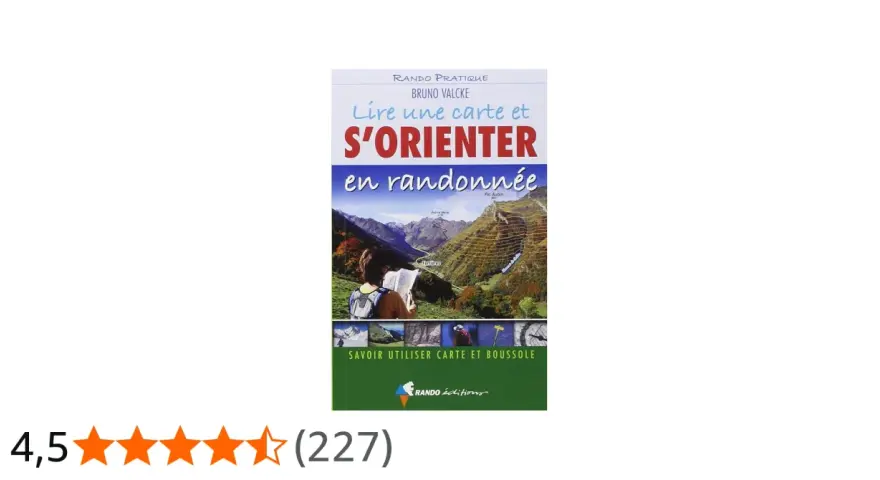 Livre "Lire une carte et s'orienter en randonnée" montrant des massifs montagneux, une personne consultant une carte et des sentiers.