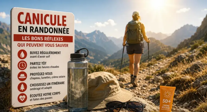Panneau "Canicule en randonnée" avec conseils. Une randonneuse marche sous le soleil. Évitez l'insolation nauséeuse, buvez, partez tôt, protégez-vous.