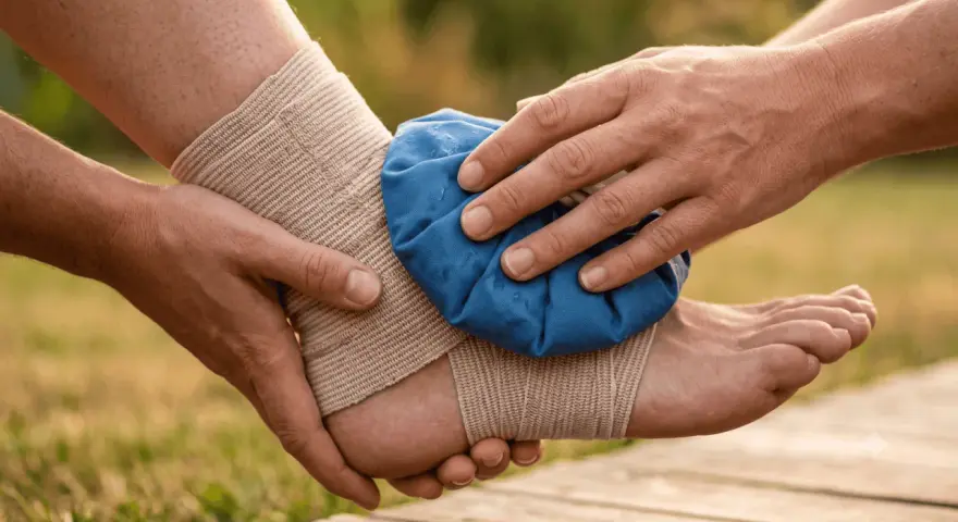 Application d'une poche de glace sur une cheville bandée, suite à une entorse grave.