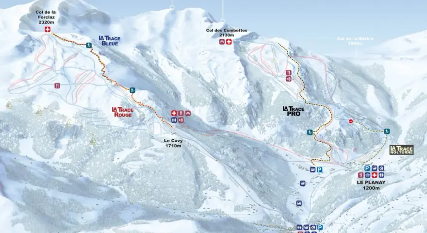 Carte des pistes de ski du massif du Beaufortain, avec les noms des sommets et des tracés de différentes couleurs.