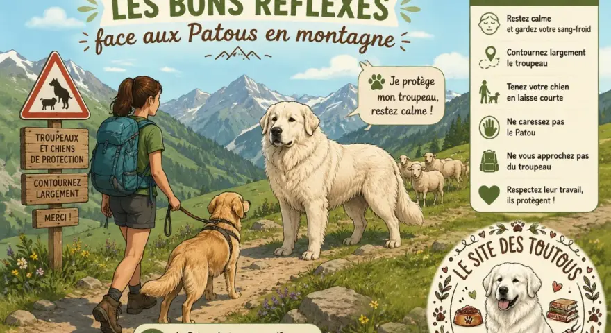 Une randonneuse et son chien croisent un Patou protégeant son troupeau de moutons en montagne. Conseils pour une cohabitation sereine.