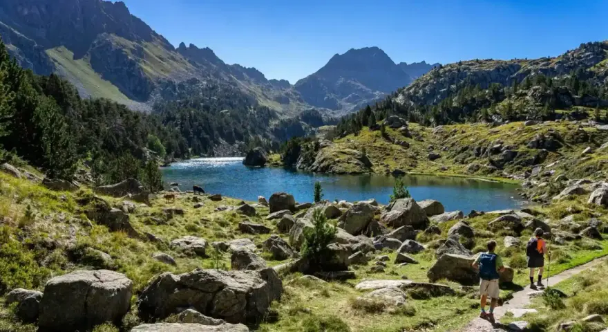 Deux randonneurs explorent un sentier rocailleux menant à un lac bleu étincelant, entouré de montagnes majestueuses. Une parfaite randonnée Val d'Aran.