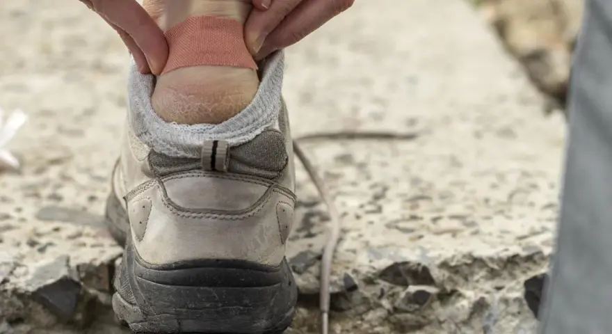 Application d'un pansement sur une ampoule au talon, une étape clé pour savoir comment soigner une ampoule au pied et continuer sa marche.