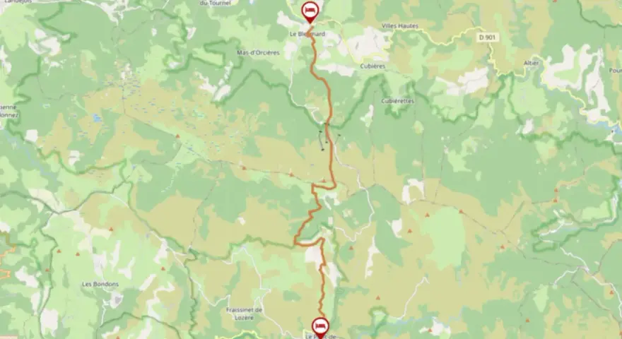 Carte du chemin de Stevenson, montrant le tracé orange traversant des paysages verdoyants et des villages comme Le Bleymard et Le Pont-de-Montvert.
