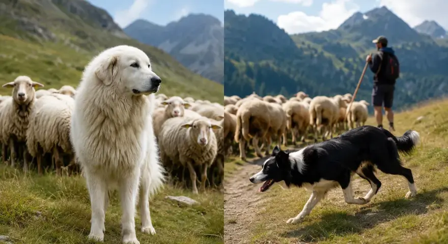 Un chien gardien de troupeau blanc veille sur un troupeau de moutons dans les montagnes. Un autre chien, un chien de berger noir et blanc, guide le troupeau avec un berger.