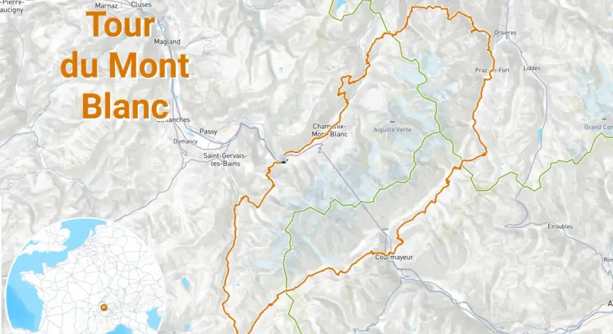 Carte du Tour du Mont Blanc, montrant les sentiers en orange et vert, traversant des villes comme Chamonix et Courmayeur.