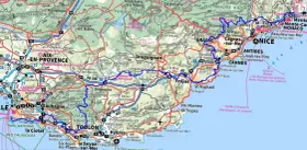 Carte routière de la région PACA, avec les autoroutes A8, E80 et des routes nationales. La gr 51 est visible.