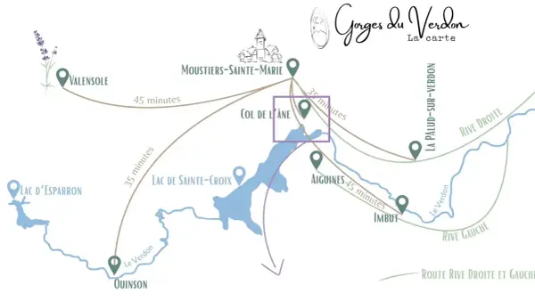 Carte des Gorges du Verdon, idéale pour une randonnée. Elle indique les distances et temps de trajet entre Valensole, Moustiers, Aiguines et le lac de Sainte-Croix.