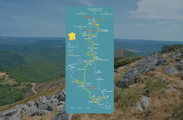 Carte du chemin de Stevenson, montrant le dénivelé et les étapes, de la Lozère au Gard.