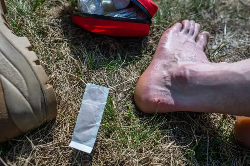 Un pansement à portée de main pour éviter les ampoules au pied. Une trousse de premiers secours rouge est visible.