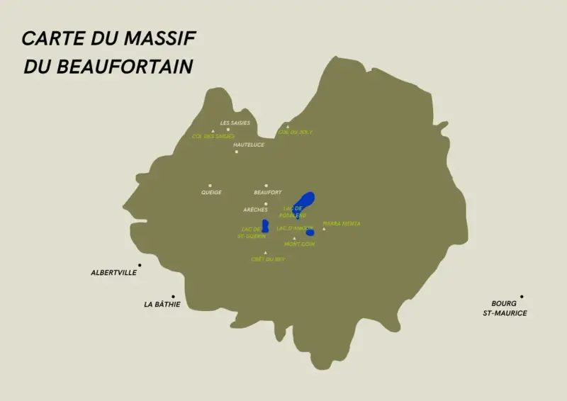 Carte du massif du Beaufortain, montrant les lacs de Roselend et Saint-Guérin, ainsi que des lieux comme Beaufort, Arêches et Albertville.